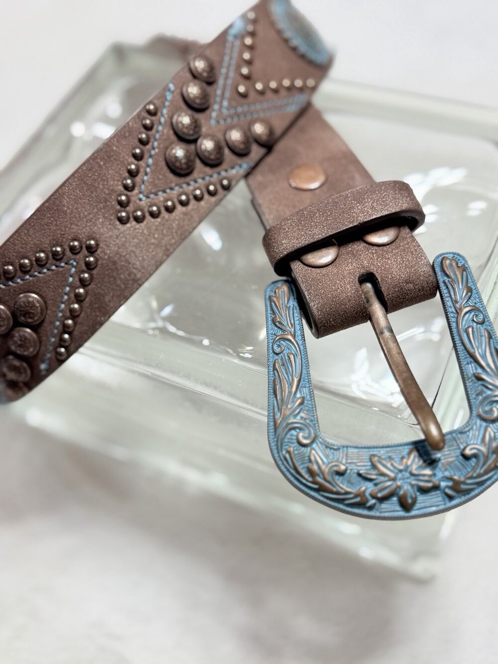 Angel Ranch Western Belt Womens Size Medium M Distressed Studs Brown Turquoise